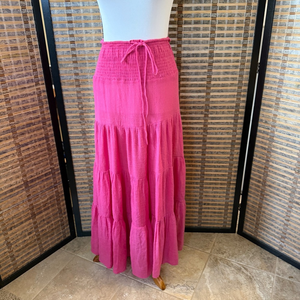 Hyfve Tiered Maxi Skirt Womens L Pink Smocked Boho Peasant Flowy Festival